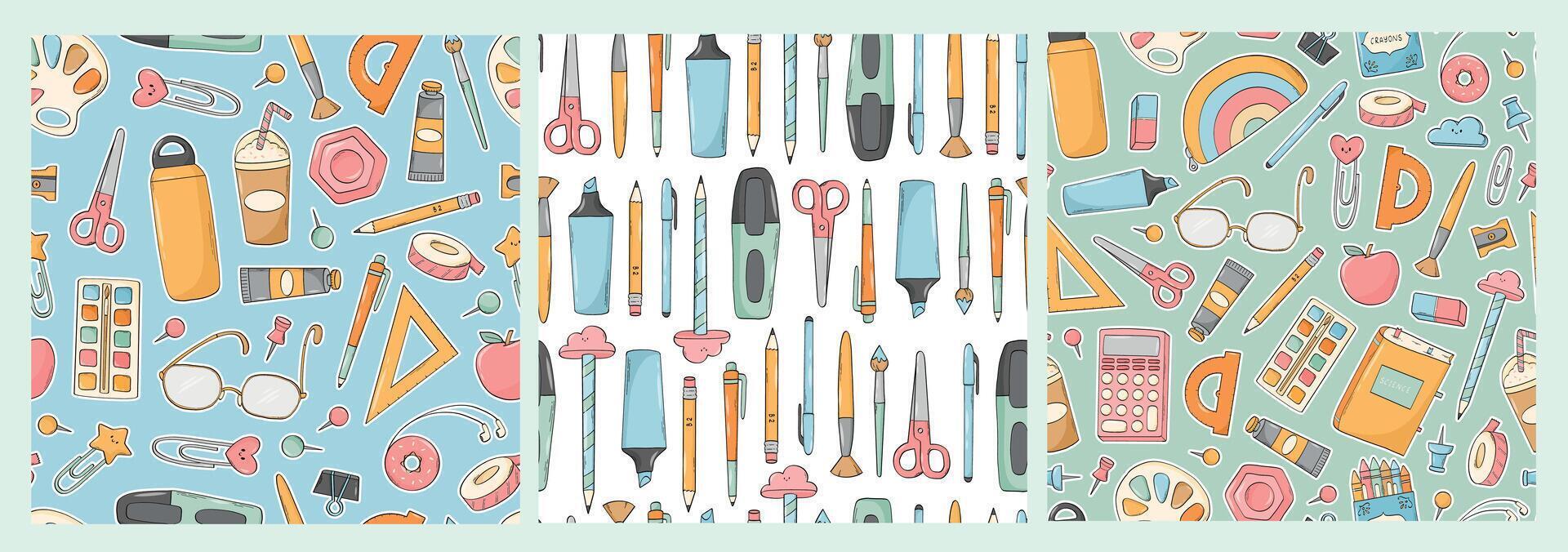 Back to school, education seamless patterns collection with hand drawn doodles of school supplies for wallpaper, scrapbooking, wrapping paper, backgrounds, packaging, textile prints, etc. EPS 10 vector