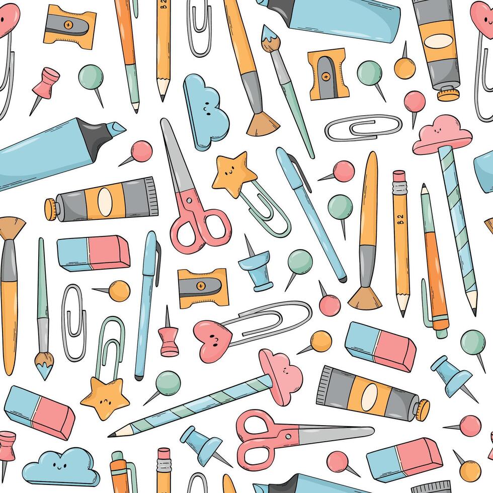 Back to school seamless pattern with school supplies doodles, pens, easers, pencils, etc. Good for wallpaper, textile prints, wrapping paper, scrapbooking, backgrounds, etc. EPS 10 vector