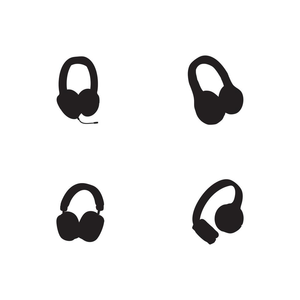 Black Headset Silhouette Icon Set Featuring Various Headphone and Microphone Designs in Minimalist Style vector