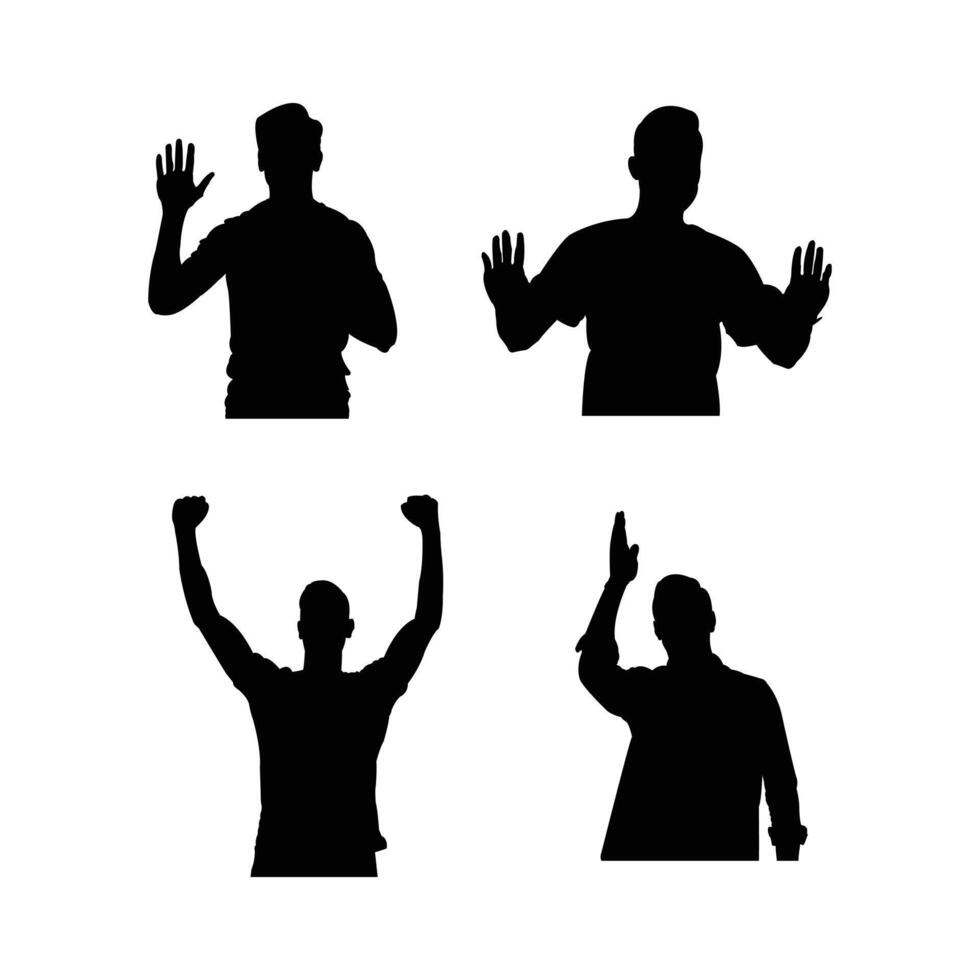 Silhouette Set of Men with Raised Hands Illustrations of Standing Figures Waving and Gesturing Upward on White Background vector
