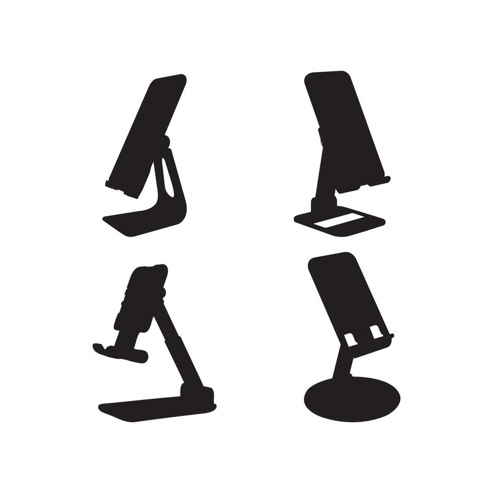 Phone Stand Silhouette Art Set Desk Cell Holder Icon Collection Isolated on White Background for Tech Accessories, Mobile Device Support, and Gadget Design Elements vector