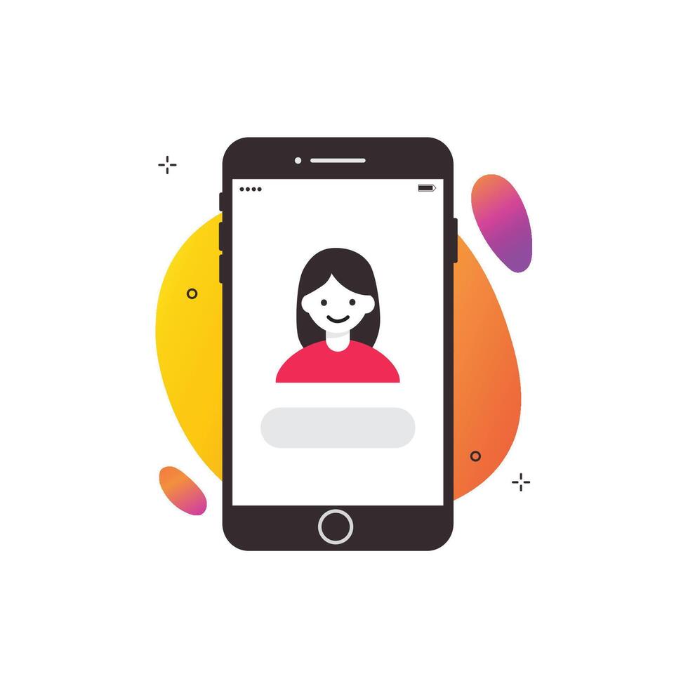 Flat design illustration of a smartphone screen displaying a user profile avatar, with colorful abstract shapes in the background. vector