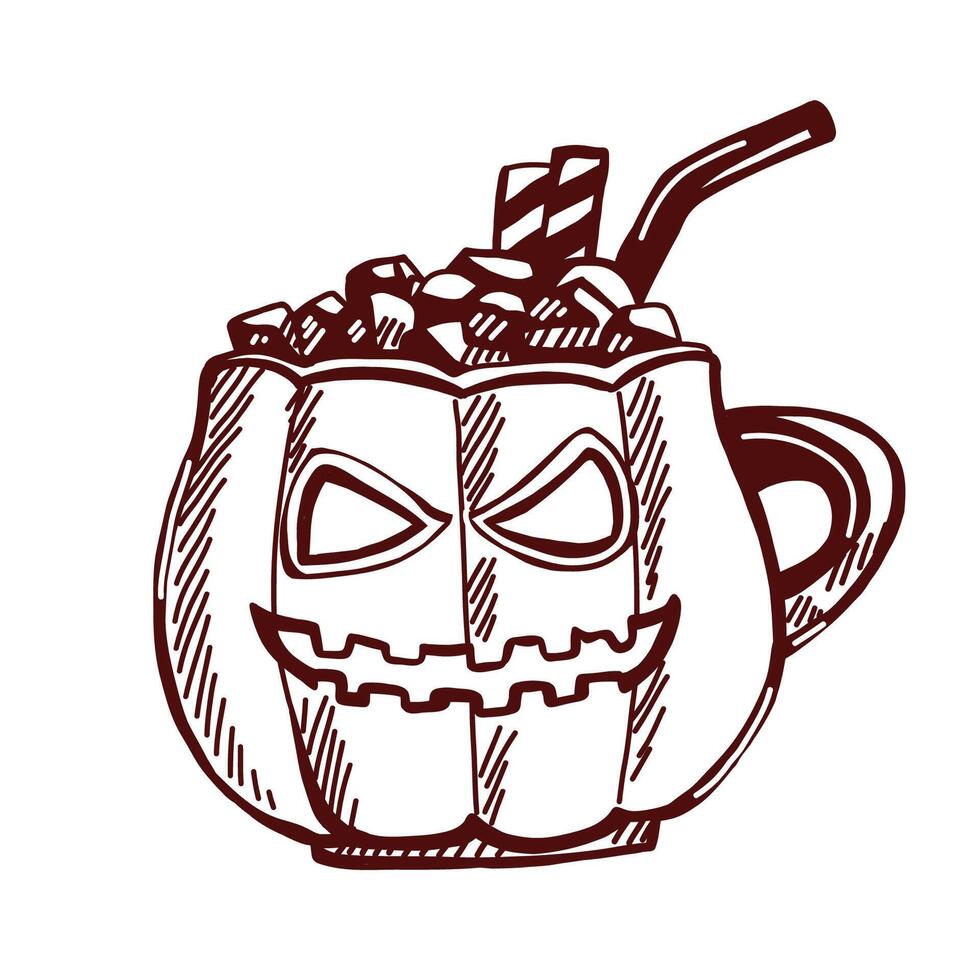 sketch illustration of an autumn warm drink in a pumpkin-shaped mug with marshmallows and sweet wafer tubes. Hand-drawn doodle style. Perfect for seasonal designs and coloring pages. vector