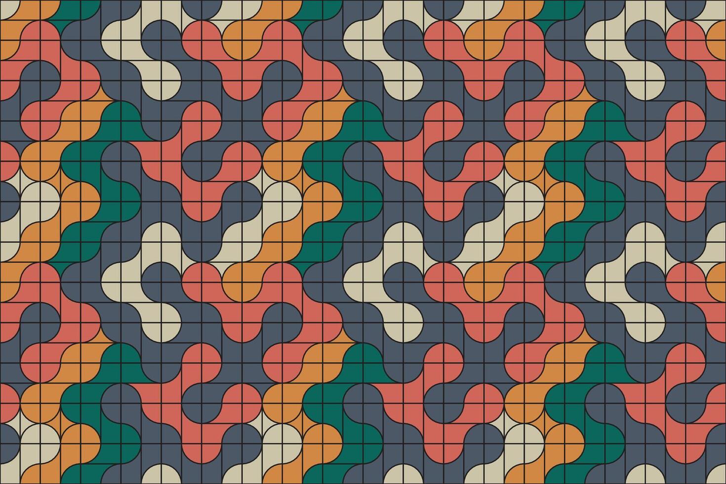 Smooth flowing metaball forms in bold retro hues arranged in a repeating, seamless grid to create a geometric artistic look vector