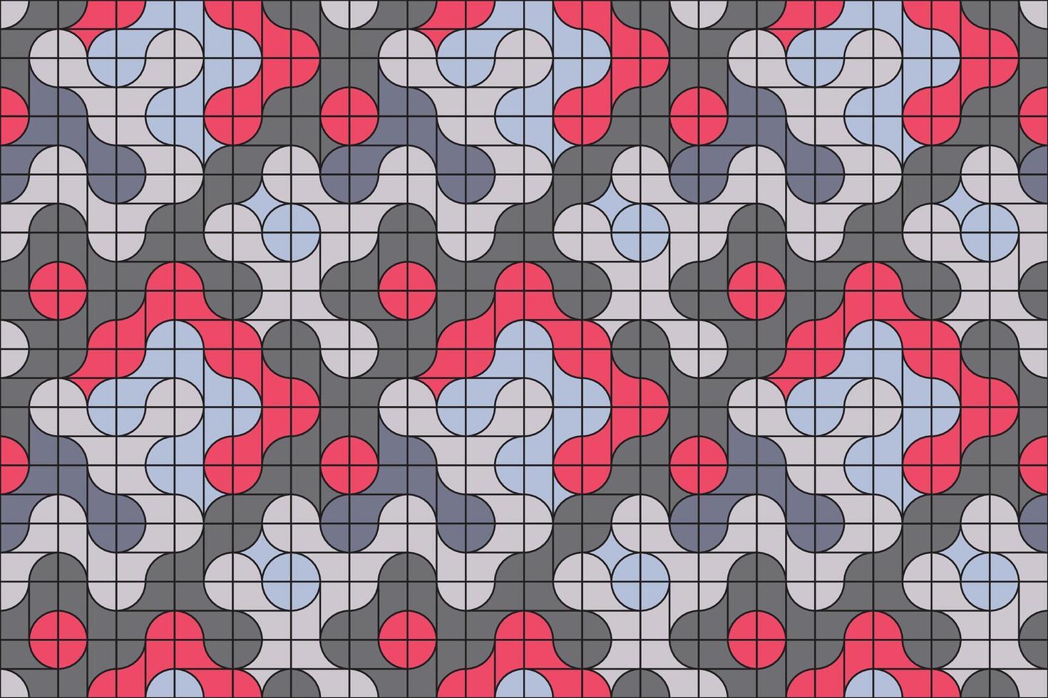Funky and abstract retro-styled metaball tiles in red, blue, white and cream with smooth seamless connections and bold geometric form vector