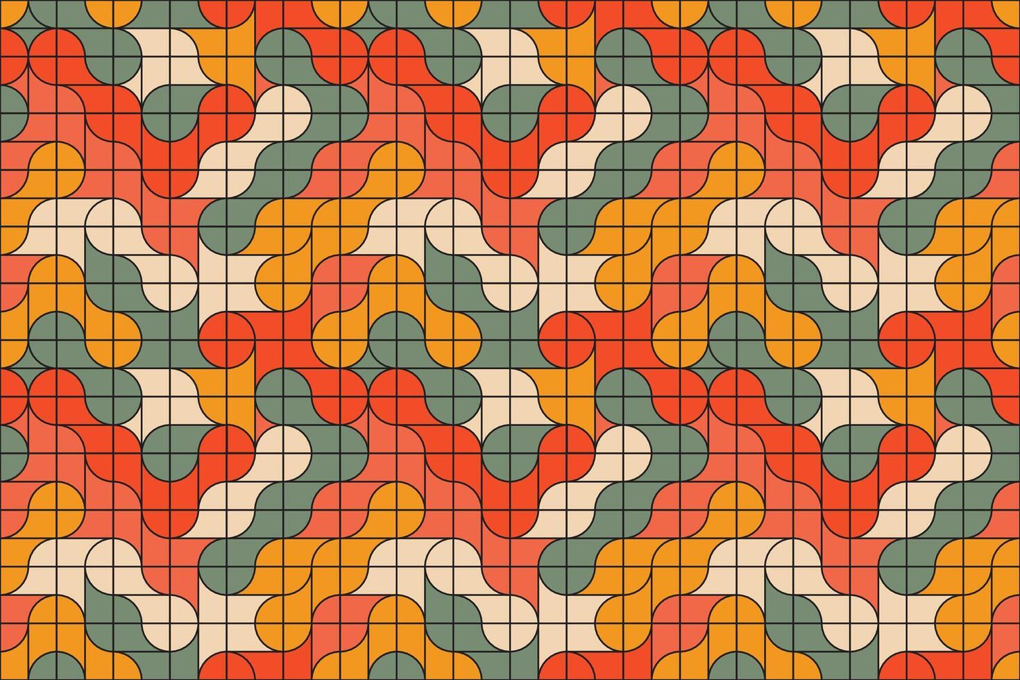 Colorful curved metaball shapes in red, green, yellow, and cream arranged in a geometric seamless pattern resembling vintage tile art vector