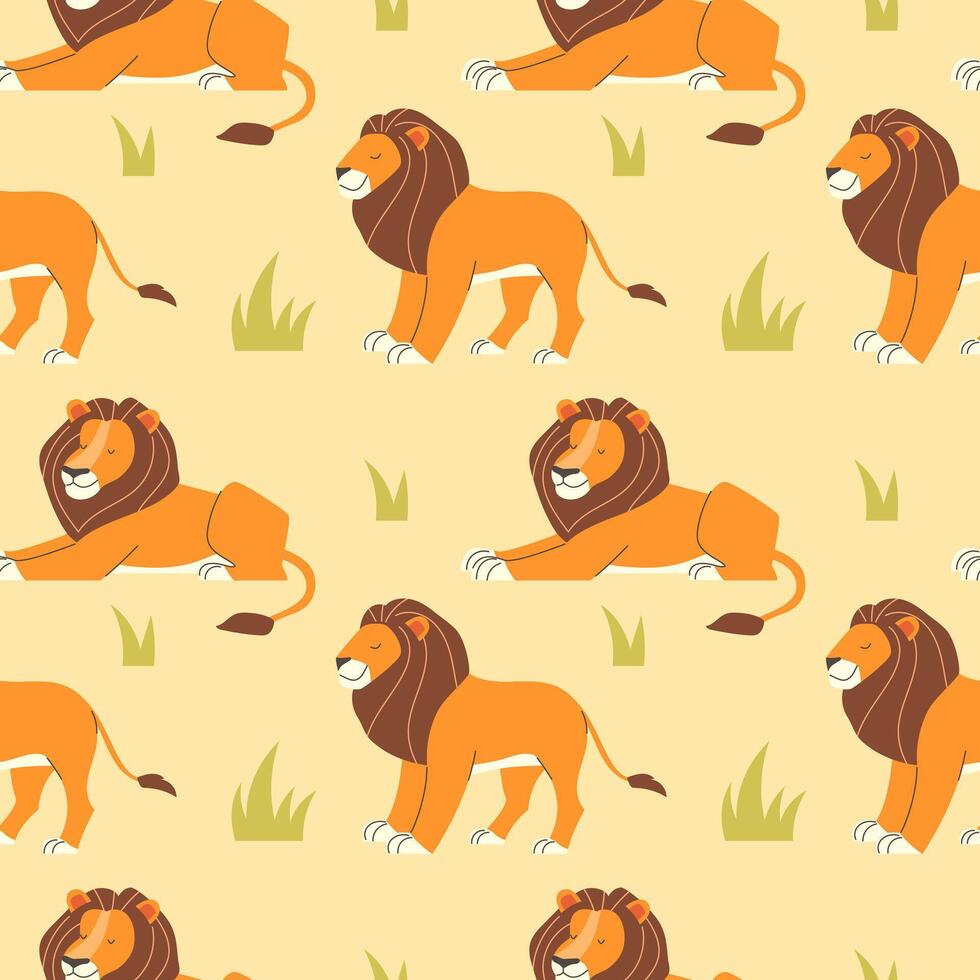 Seamless pattern with cartoon lions in flat style vector