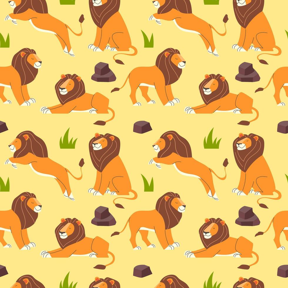 Seamless pattern, background with cartoon lions in flat style vector