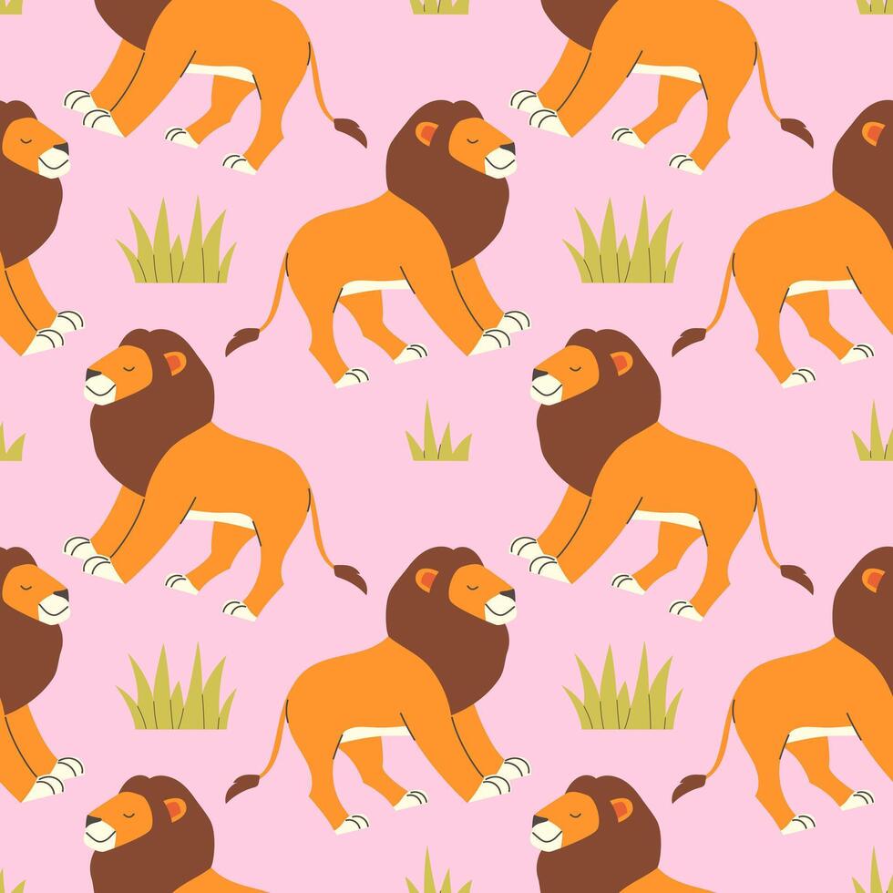 Cartoon lion in flat style seamless pattern on light background vector