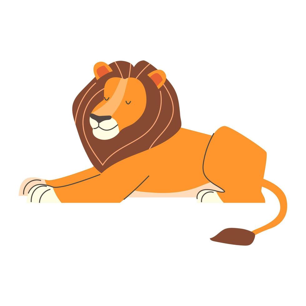 Cartoon lion lying down, resting. Illustration in flat style on a light background vector