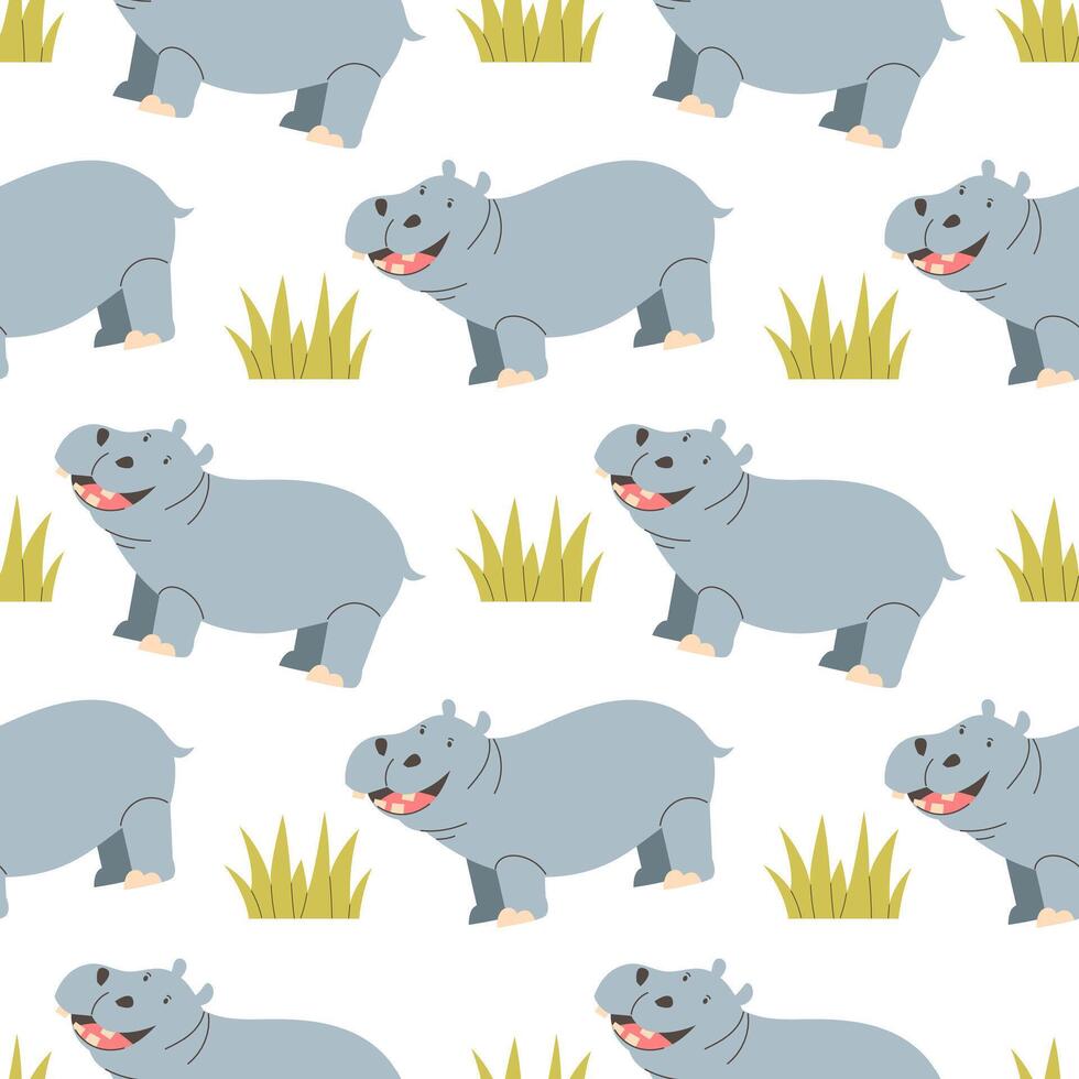 Cute hippos in flat style on white background seamless pattern vector