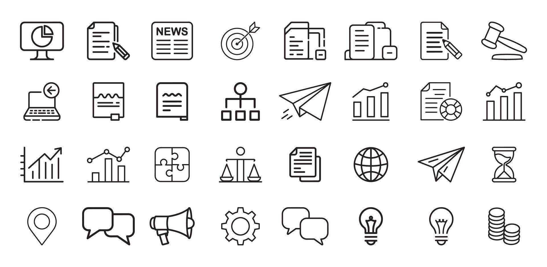 Minimal Business Line Icons for Analytics Reports Communication Marketing Finance and Office Applications vector