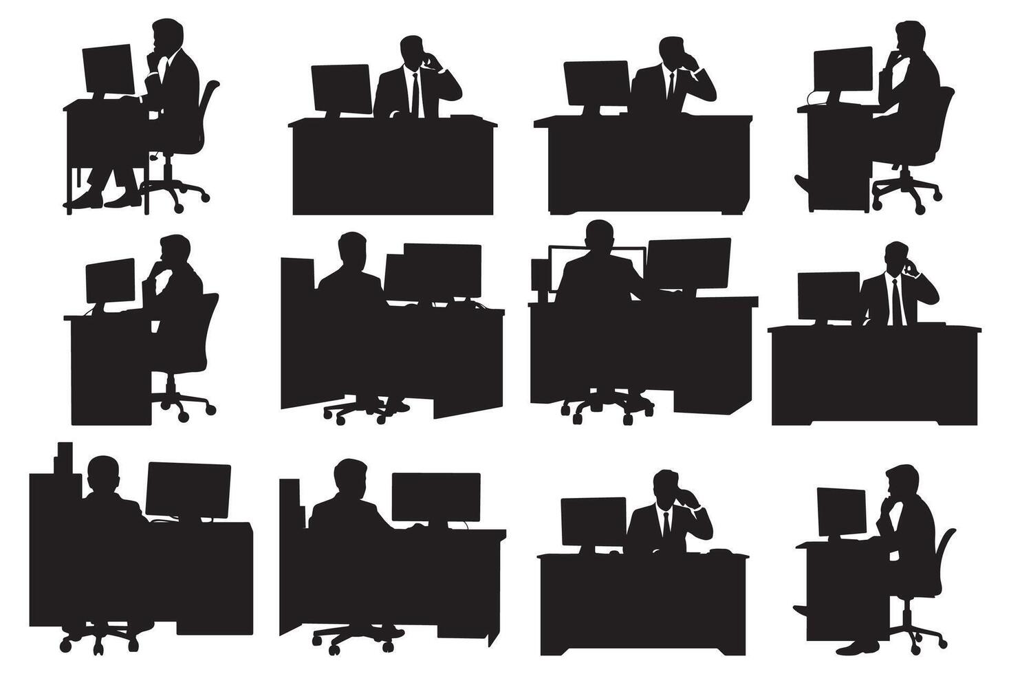 Business Professionals Working at Desks Using Computers and Phones in Office Environment Silhouette Set vector