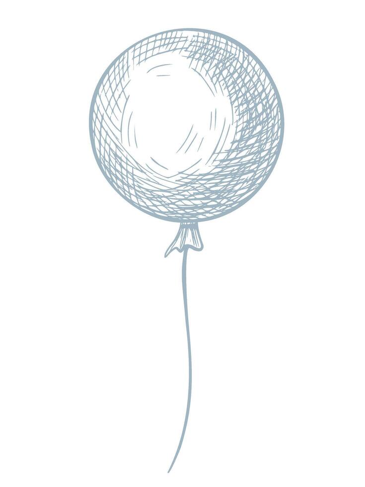 illustration of round helium Balloon with string in hand drawn outline style. Linear drawing for childish party invitations or Baby shower greeting cards. Engraving for nursery decoration. vector
