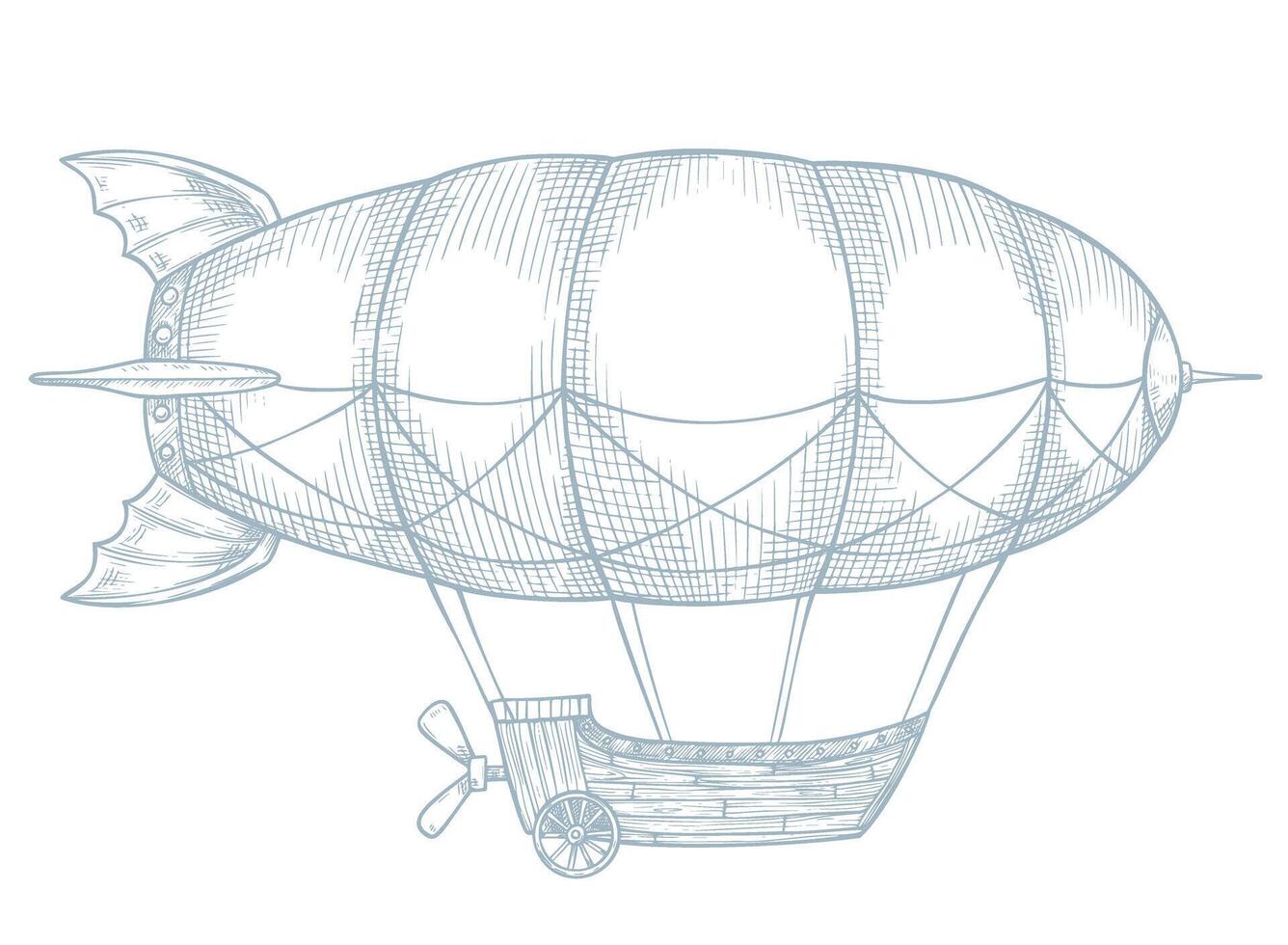 illustration of a Dirigible Airship in outline style with detailed hatching and line shading. Drawing of Zeppelin for retro adventure designs, children books or Baby shower invitations. vector