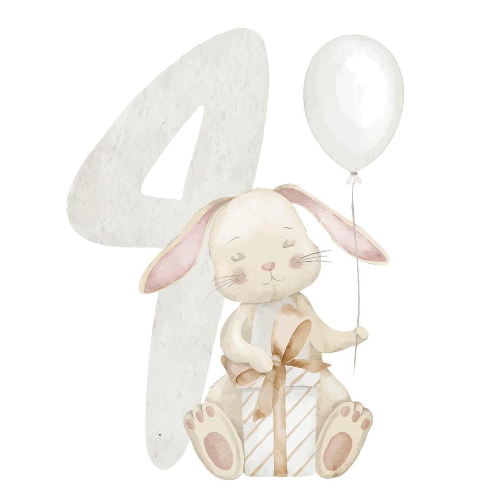 Watercolor bunny sitting with gift box with, white balloon and big number Four behind for Birthday invitations or monthly milestone cards. Drawing of cute Rabbit in beige pastel colors for Baby design vector