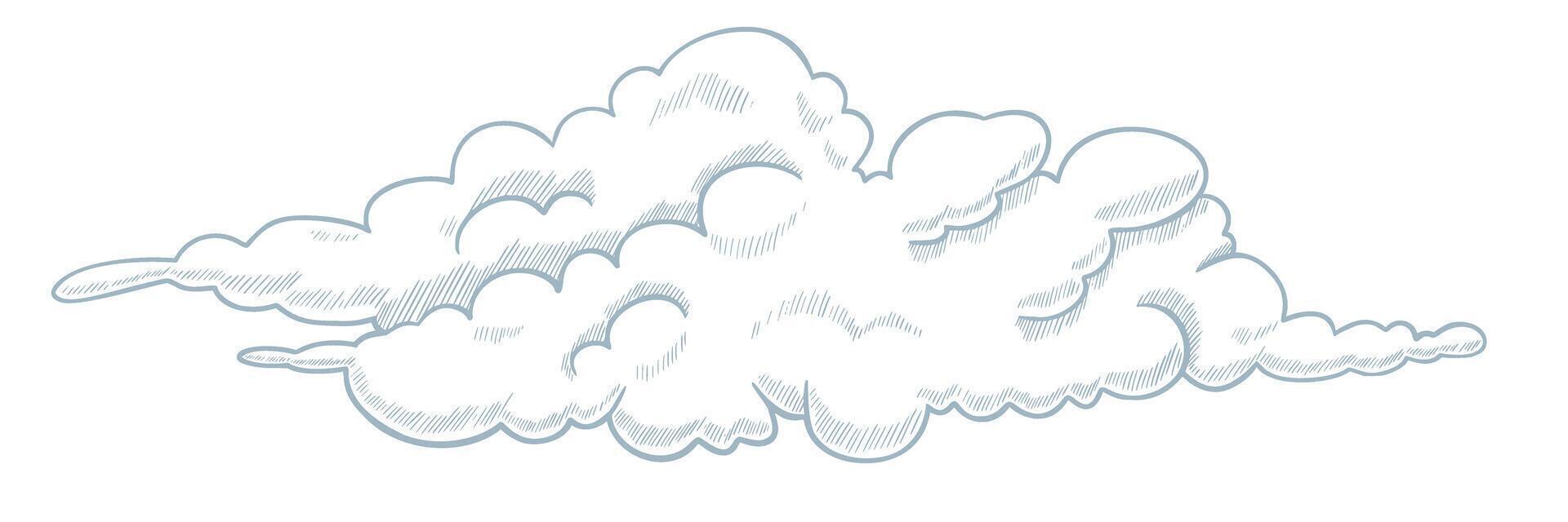 illustration of a large fluffy Cloud in outline style with linear hatching. Outline pastel blue drawing of mist for sky scenes or dreamy backgrounds. Engraved sketch of weather element. vector