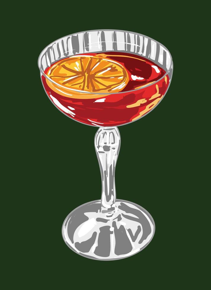 Illustrated Negroni Cocktail in Crystal Glass vector