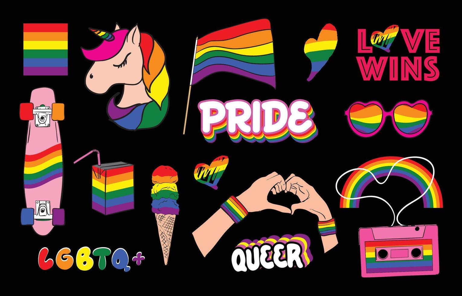 LGBTQ Pride Icons Set on Black Background vector