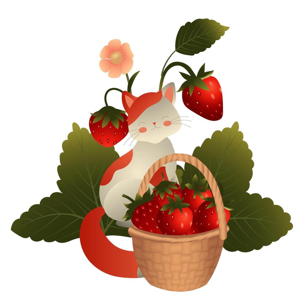 Basket of strawberries and a cute kitten on the background of a strawberry bush. vector