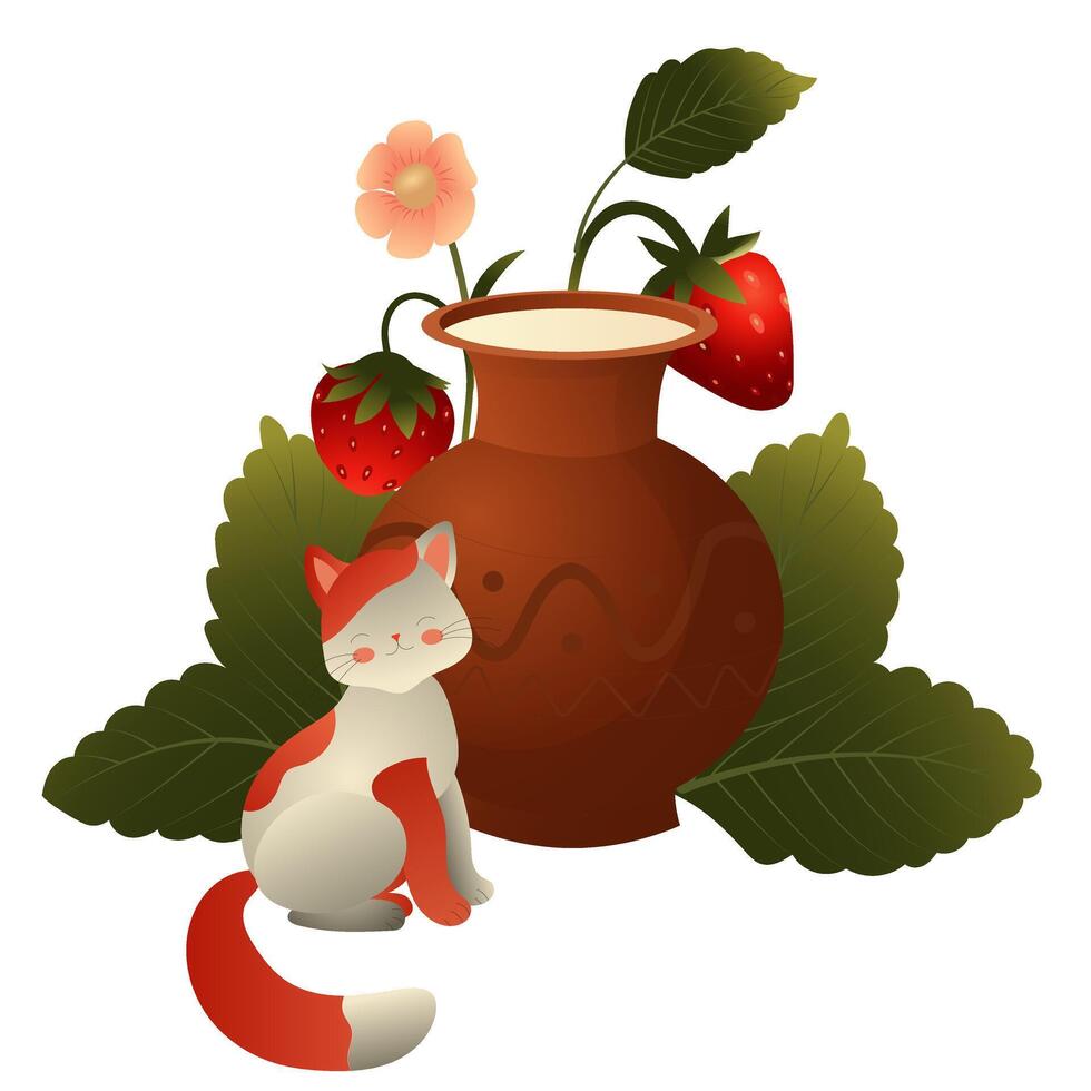 White cat with red spots, strawberry bush and clay jug with milk. illustration isolated on white background. vector