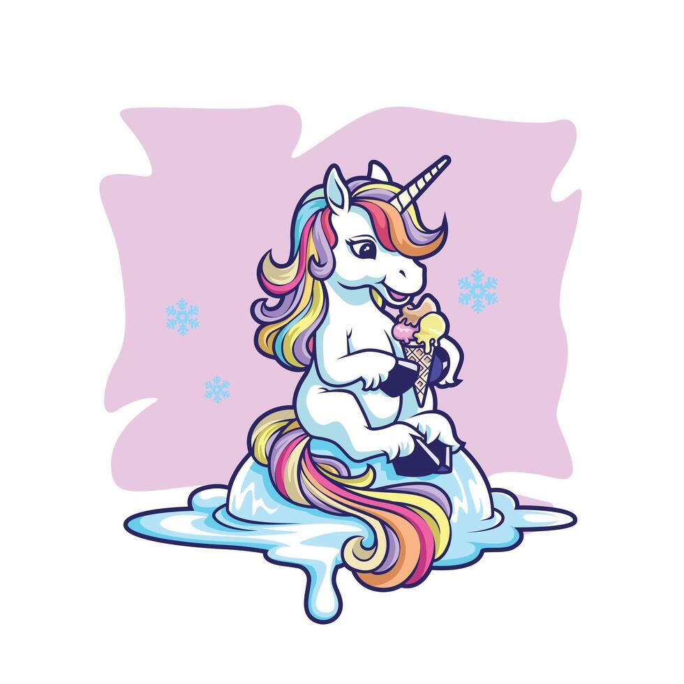 Cute Cartoon Rainbow Unicorn Eating Ice Cream vector