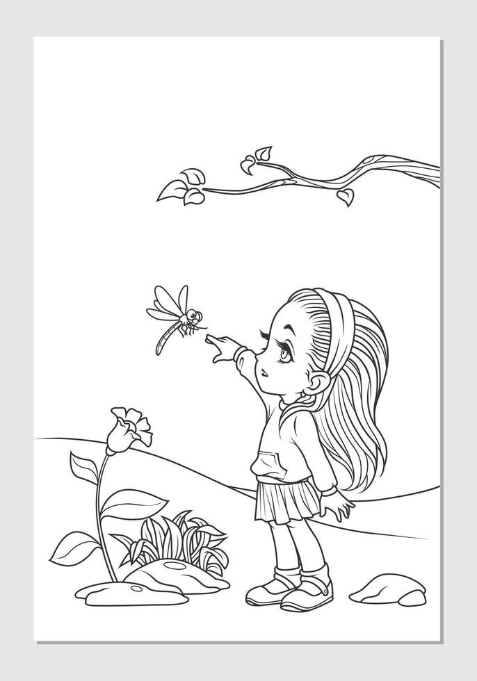 A Girl Playing with Dragon Fly coloring line art illustration vector