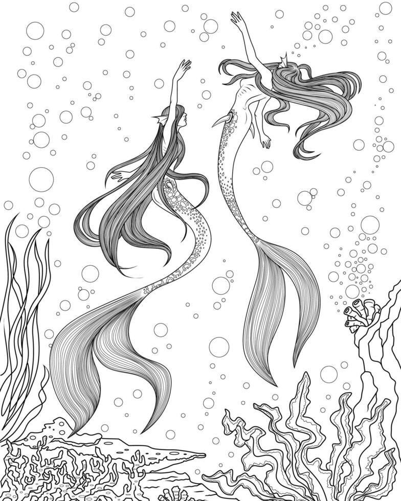 Dancing Mermaid Line art Illustration vector
