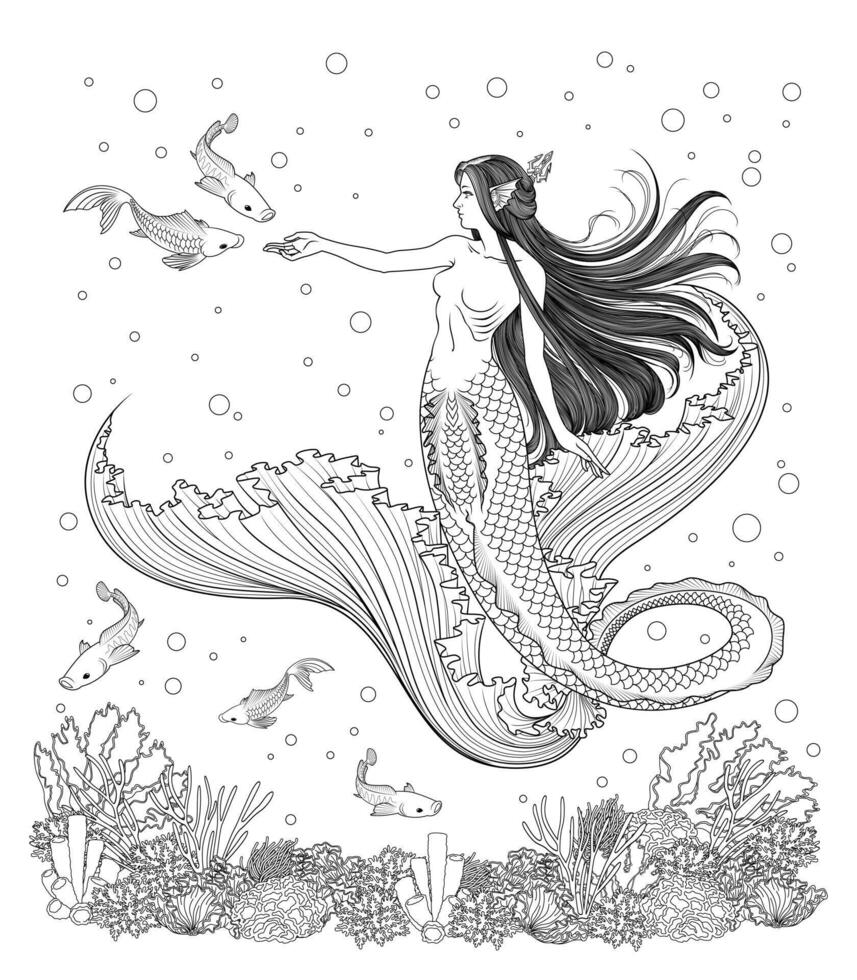mermaid Queen doodle line art vector