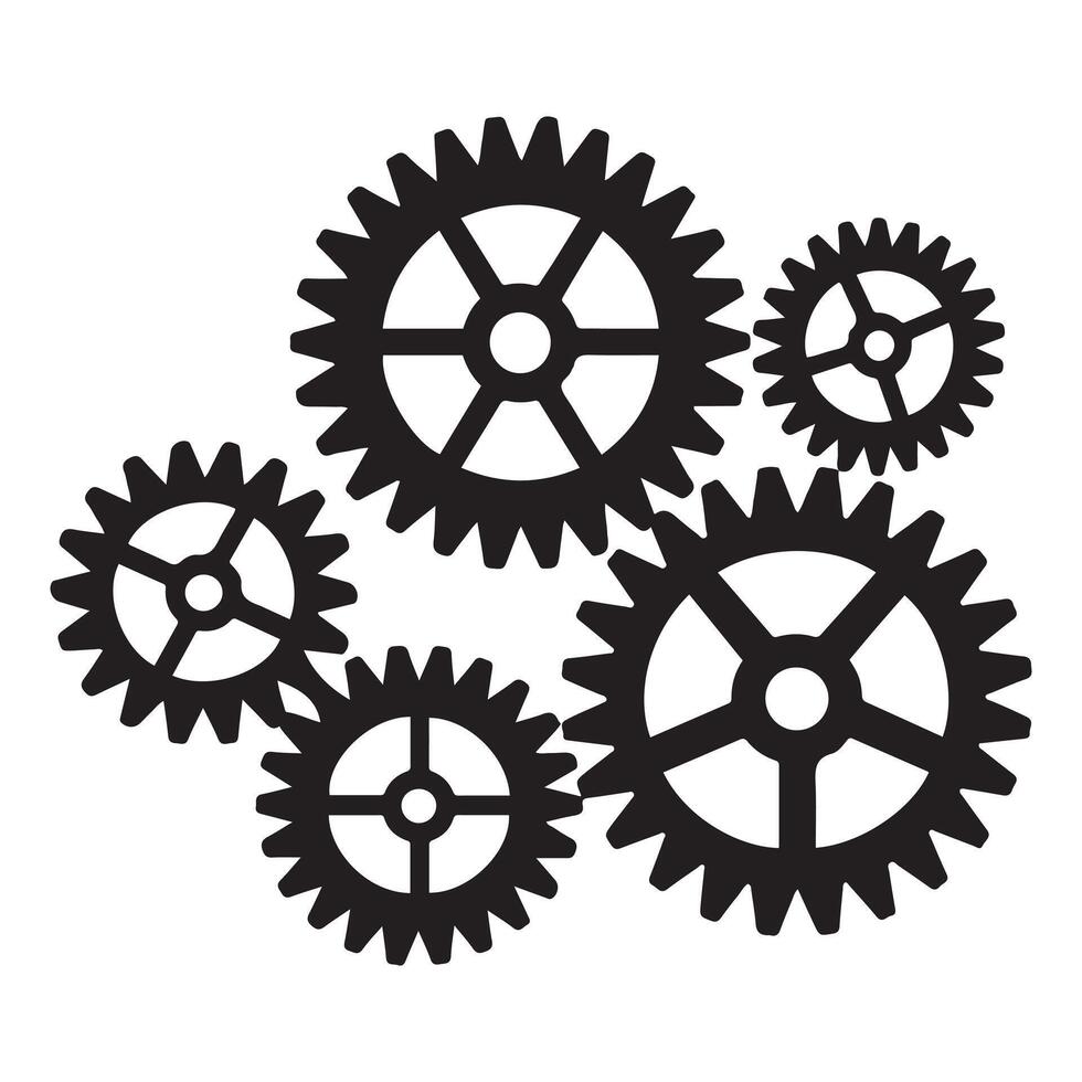 Mechanical sprocket gears sets, small, medium and large, types, Black silhouettes. Isolated illustration. with white background vector