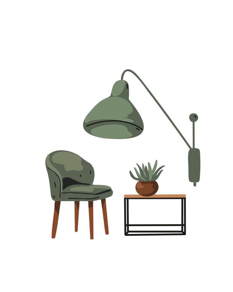 Stylish modern interior setup with a beige armchair, green floor lamp, and round wooden table, warm and inviting vector