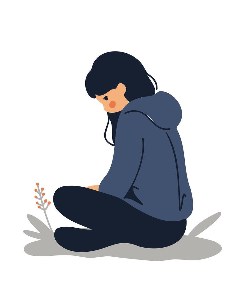 side view of a young sad woman sitting on the ground with her head down vector