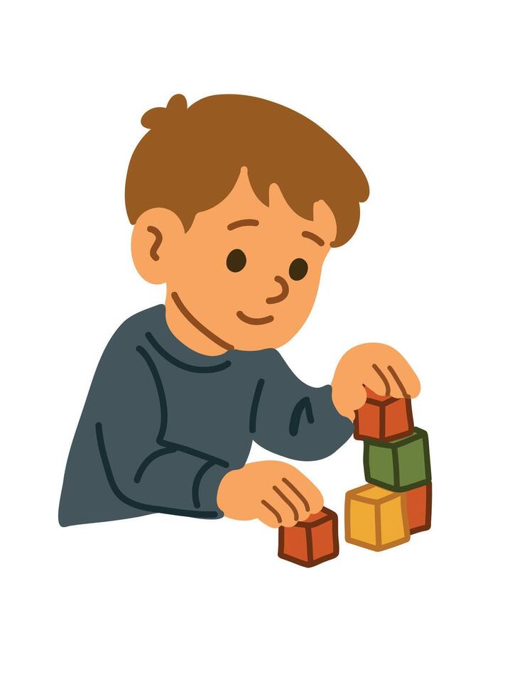 boy focused on construction play, developing thinking in a child vector