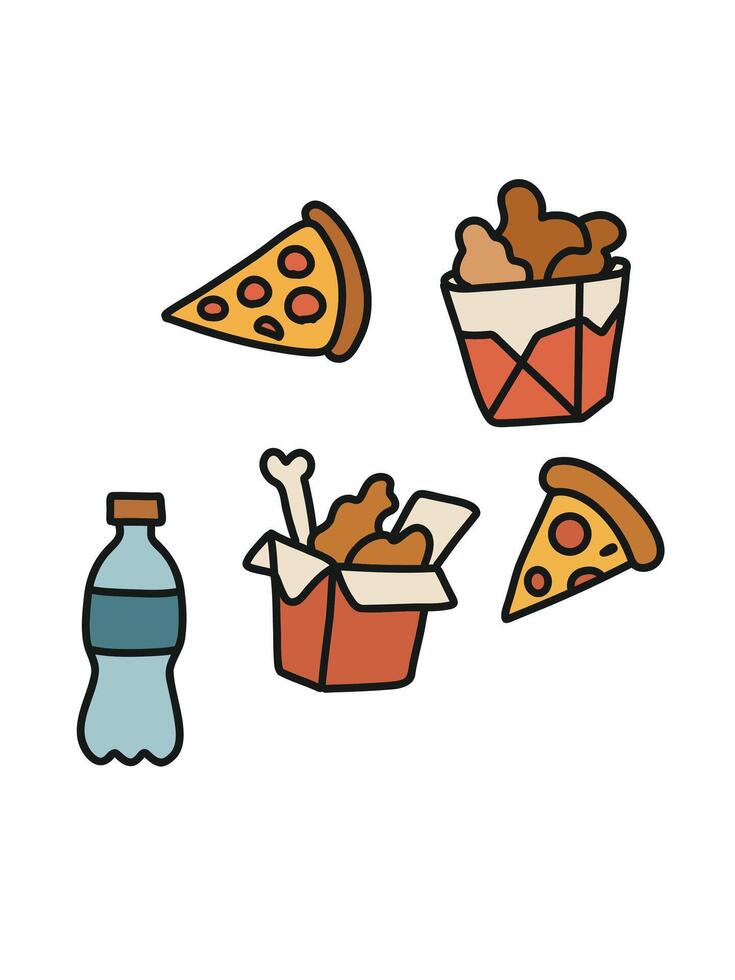 combo meal pizza, chicken wings, and drink vector