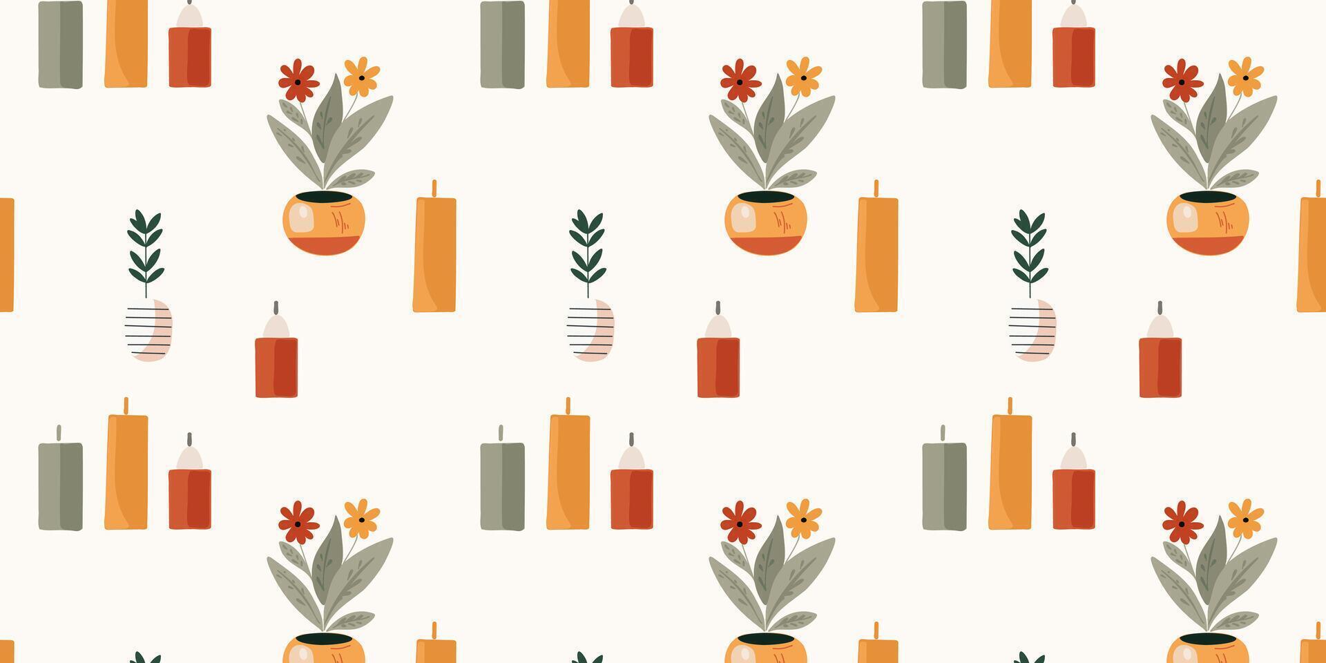Seamless pattern of candles and potted plants vector