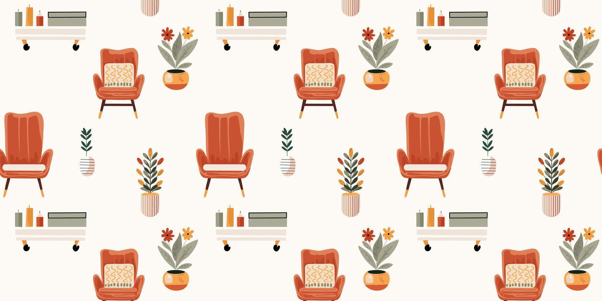 Seamless pattern of a armchair and potted plants vector