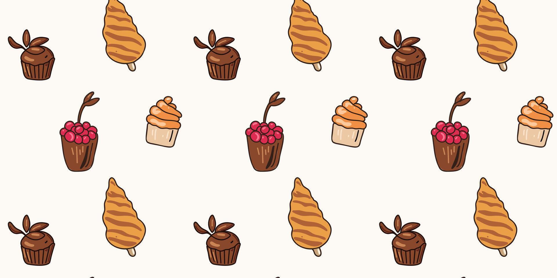 Seamless pattern of cakes and creame caramel vector