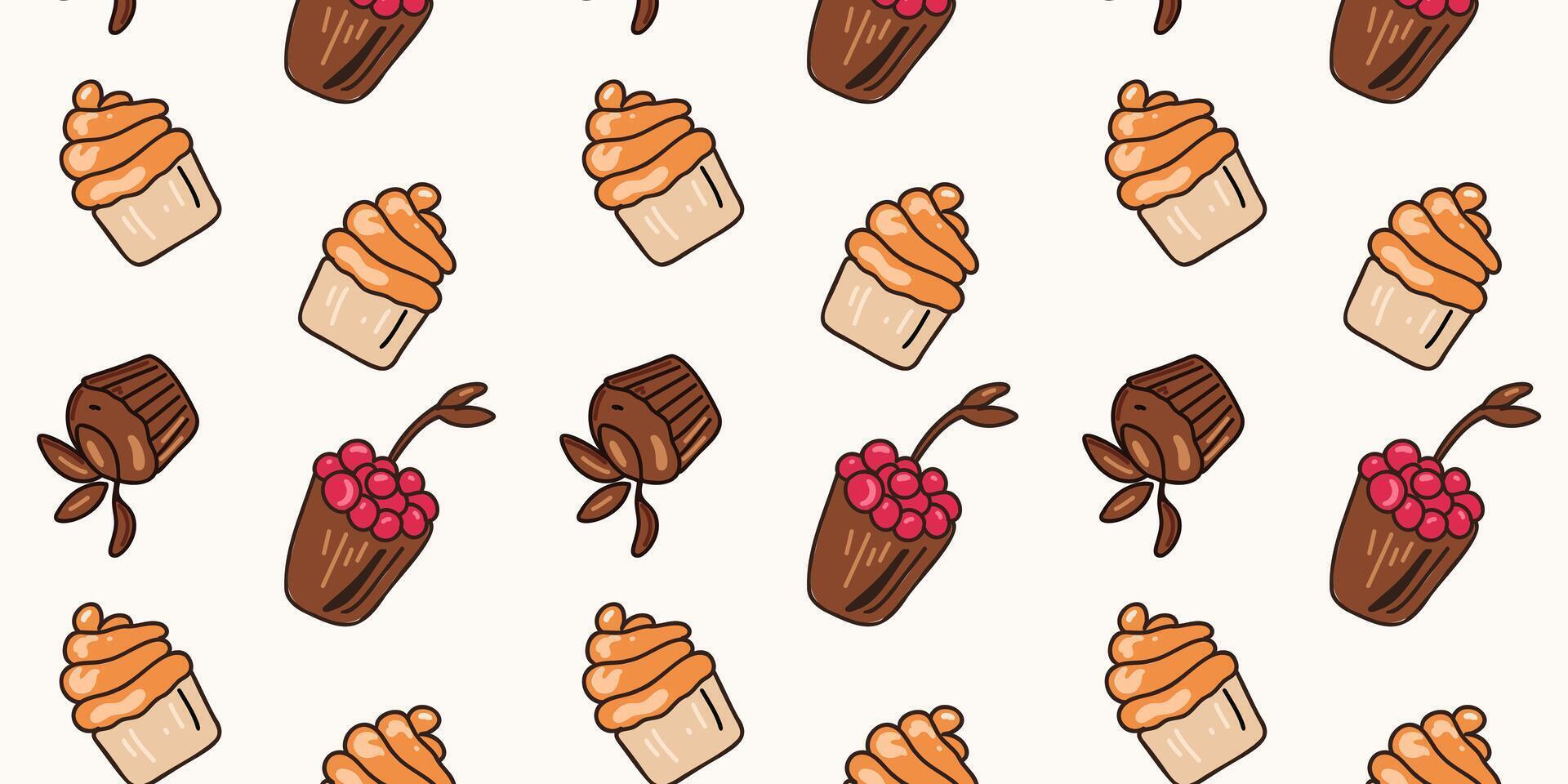 Seamless pattern of chocolate and caramel cakes vector