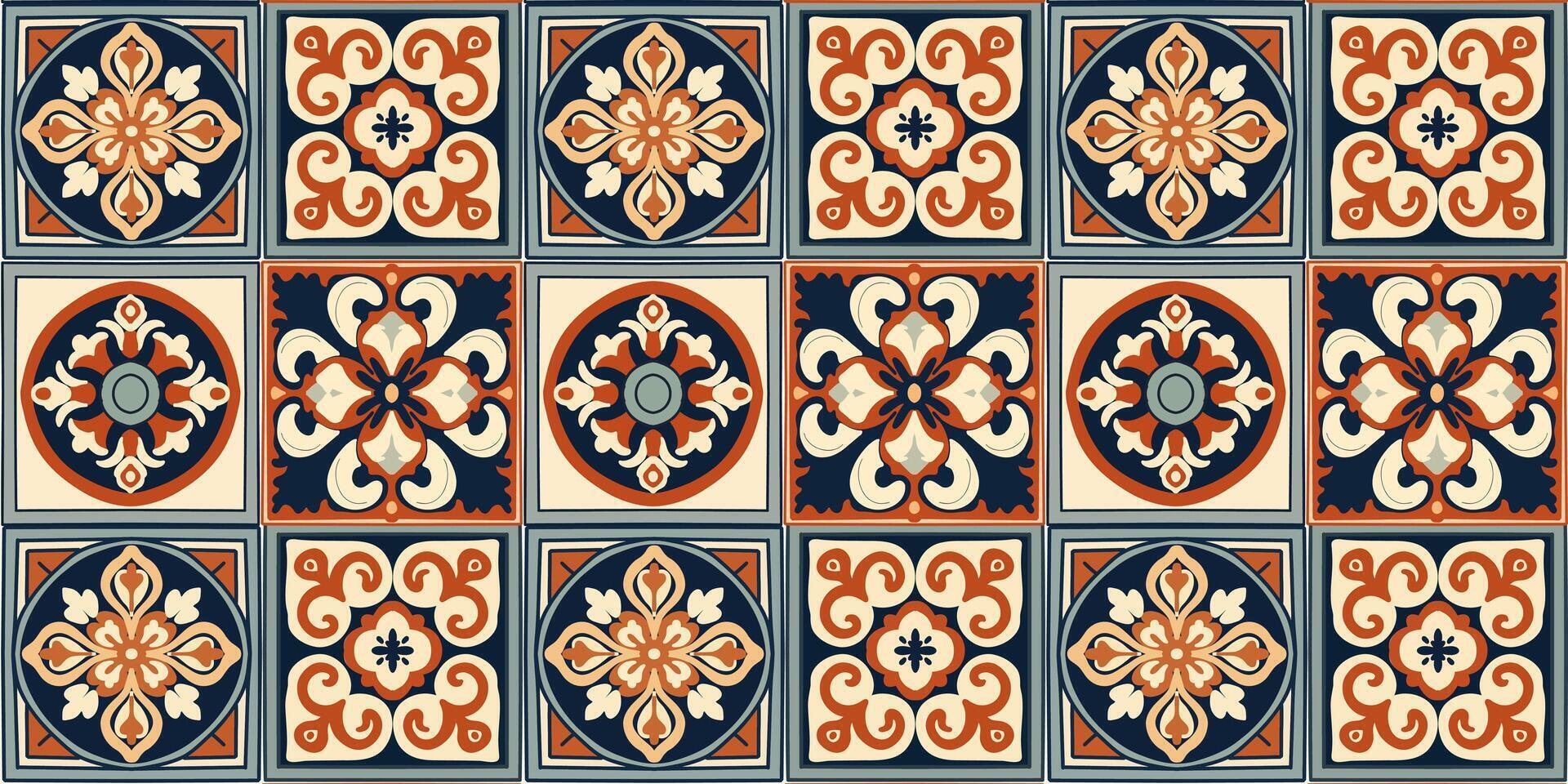 seamless pattern of a arabesque square shape ceramic tile,Portuguese Lisbon Azulejos style, moroccan ornament texture design vector