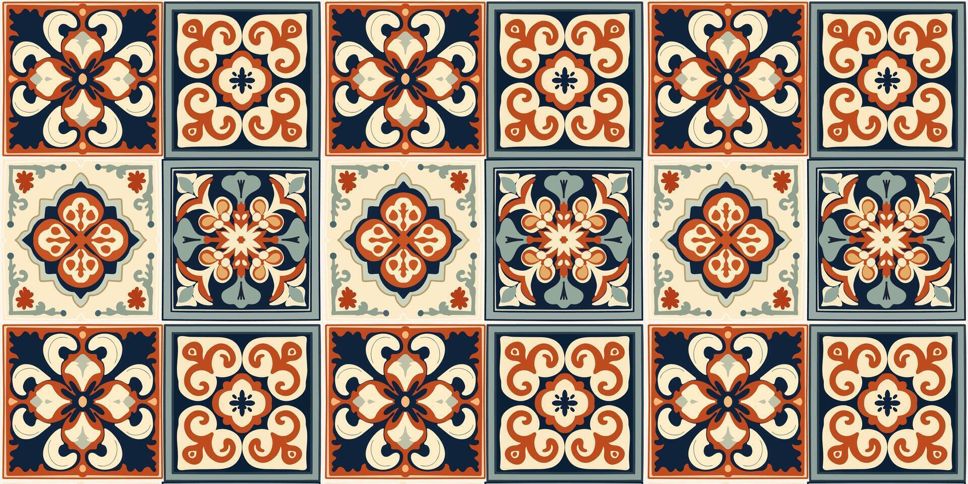 moroccan ornament texture ceramic tile, arabesque square shape design, Portuguese Lisbon Azulejos style. seamless pattern vector