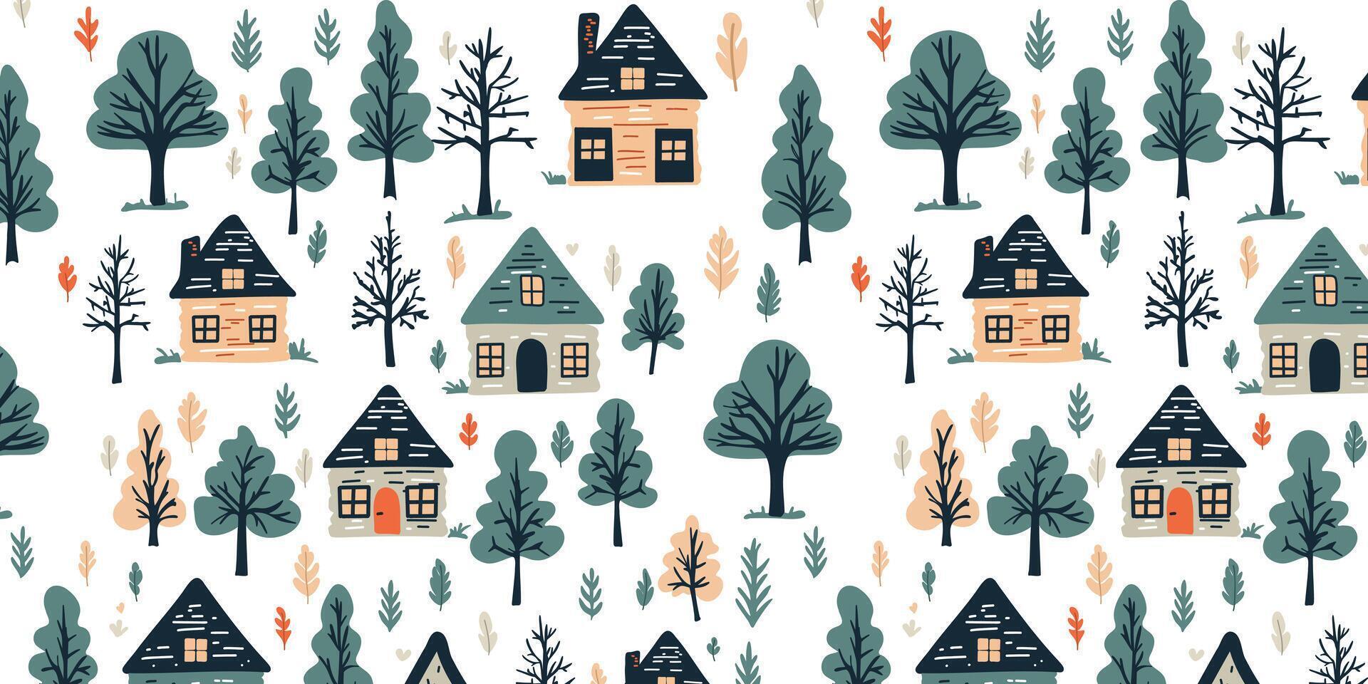 Seamless pattern with a fairy tale country houses and trees vector