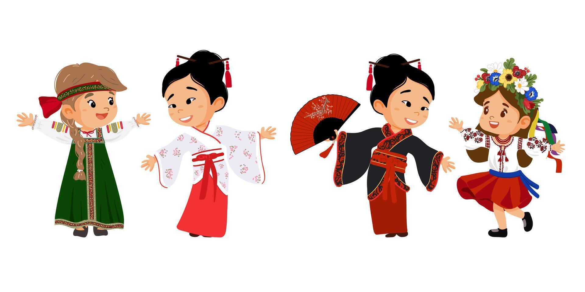 The set of the cartoon character girls in traditional dresses vector