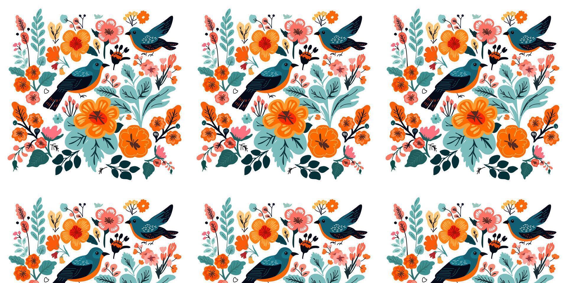 The seamless pattern of colorful painting with floral and birds motif vector