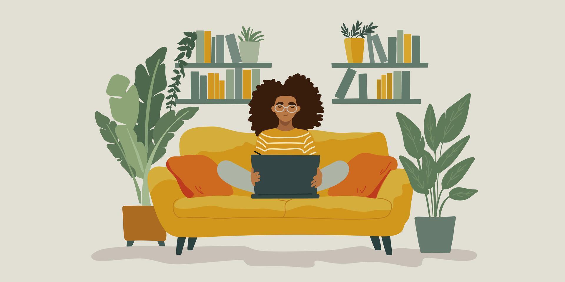 The girl - student make homework at the laptop on the sofa vector