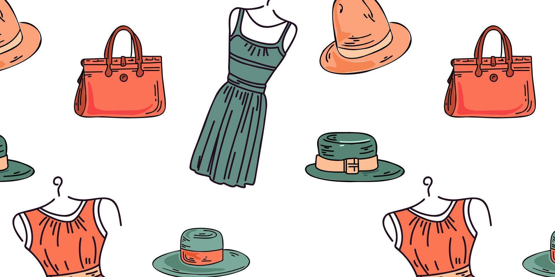 Seamless pattern with fashion dresses, bags and hats on white background vector