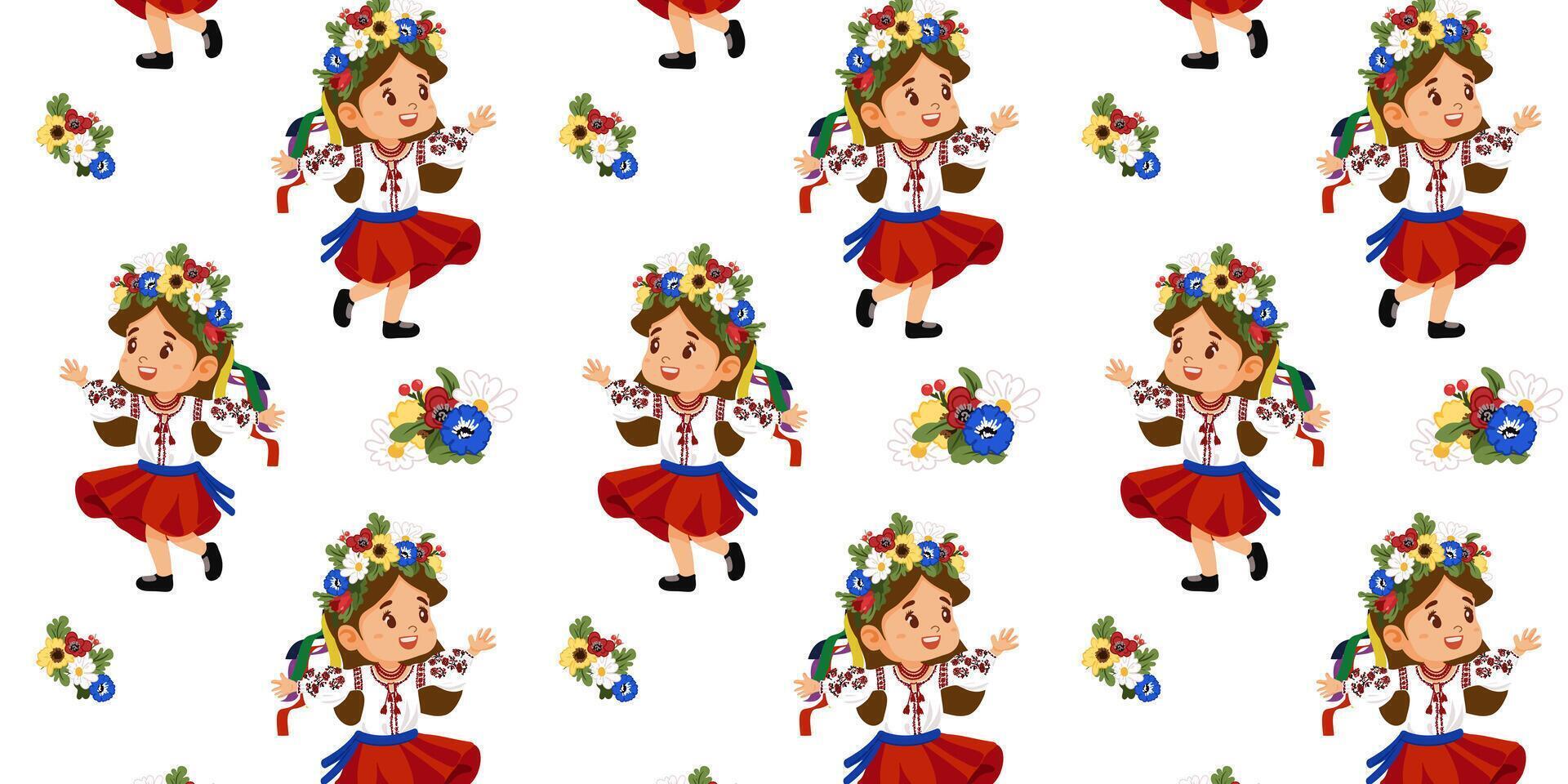 Seamless pattern of cartoon character girl in ukrainian traditional dresses and flowers wreath headdress vector