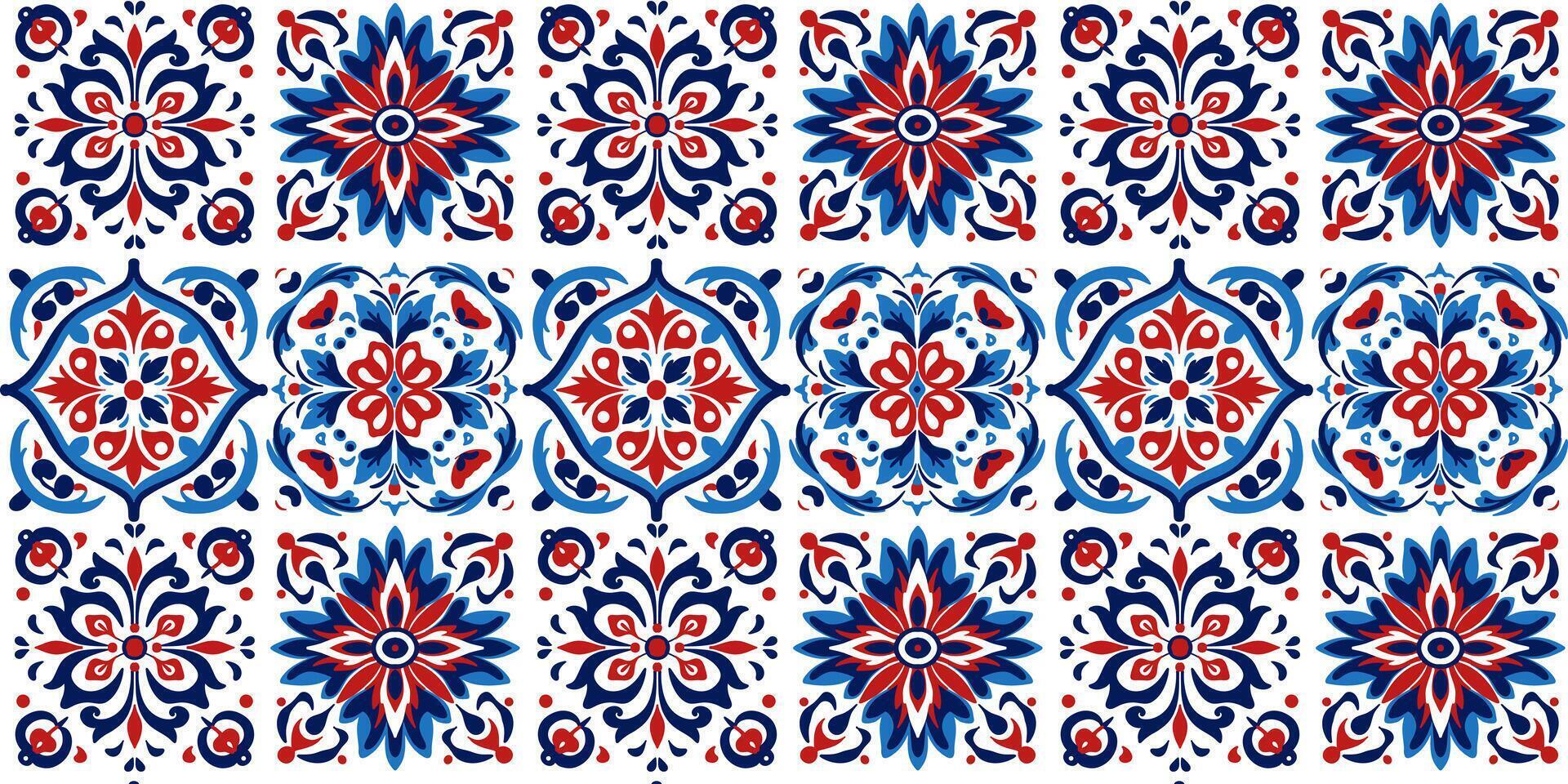 Moroccan ceramic tile pattern. Spanish patchwork patterns, Portuguese background in contrasting red and blue colors. Azulejo vector