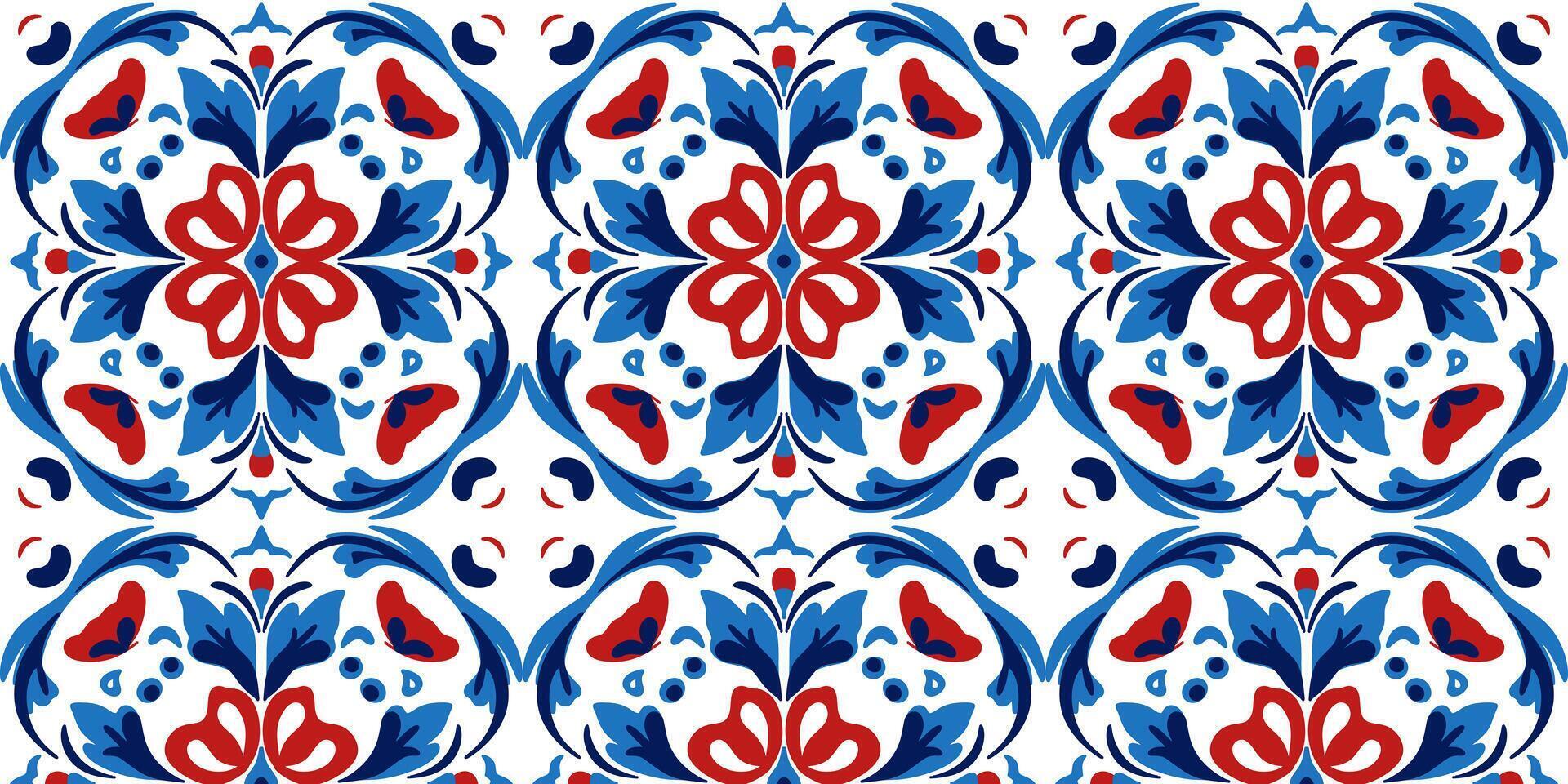Seamless pattern of azulejo texture ornament in red - blue tones vector