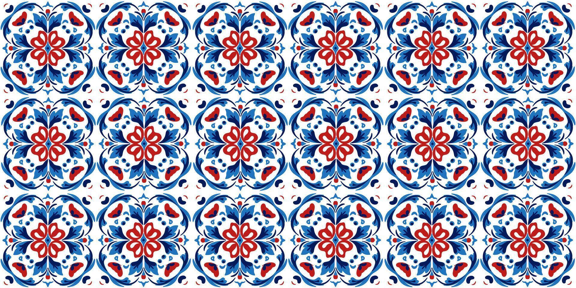 Seamless pattern of portugal azulejos texture ornament in red - blue tones vector