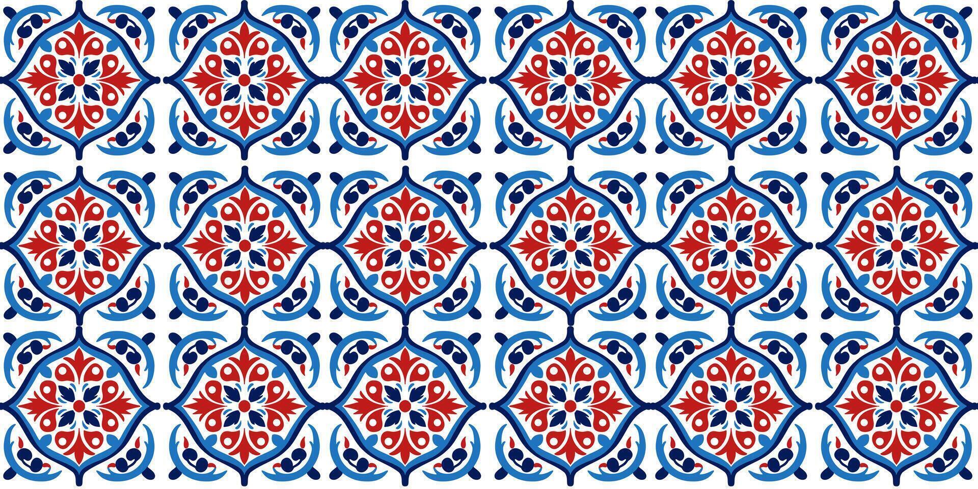 Seamless pattern of Turkish iznic ceramic tile texture ornament in red - blue tones vector
